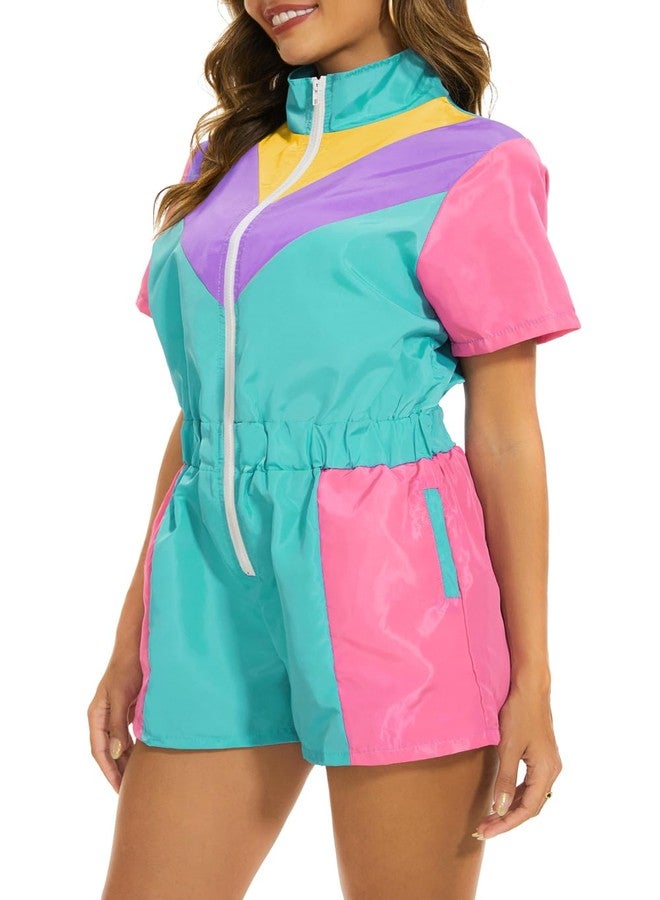 Yisfri Women 80's 90's Retro One Piece Zipper Jumpsuit Theme Party Outfits Windbreaker Rompers Tracksuit (Cyan, S) - Image 3